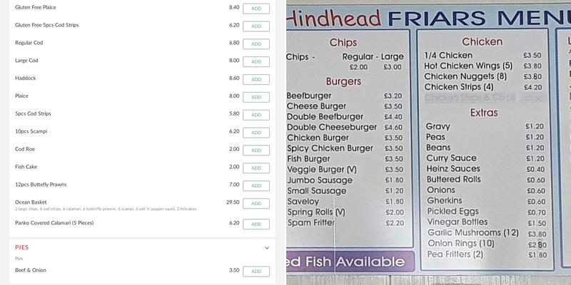 Hindhead Friars Fish and Chips Menu