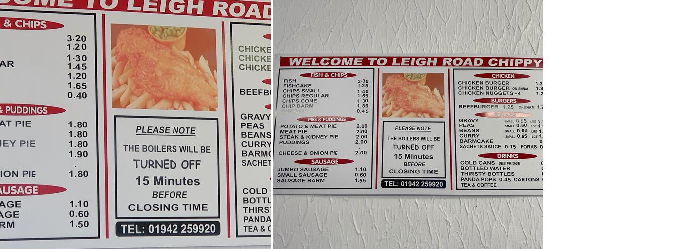 Leigh road chippy Menu