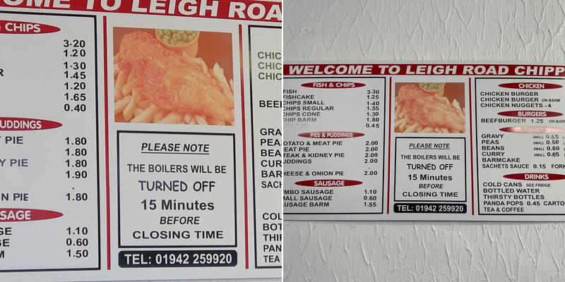 Leigh road chippy Menu