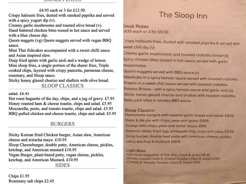 The Sloop Inn Menu