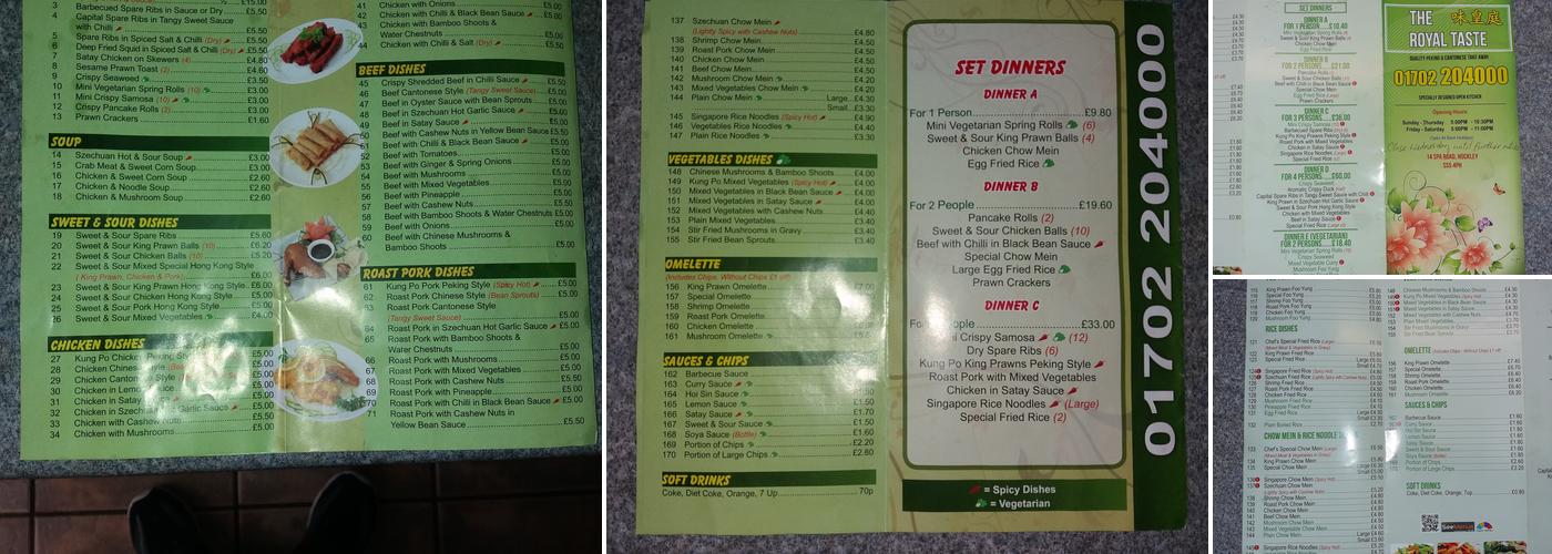 The Royal Taste Hockley Menu