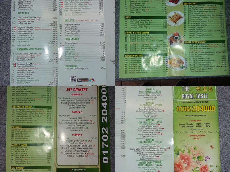 The Royal Taste Hockley Menu