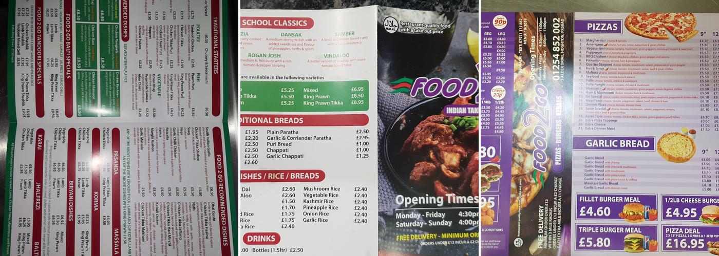 Food 2 Go Menu