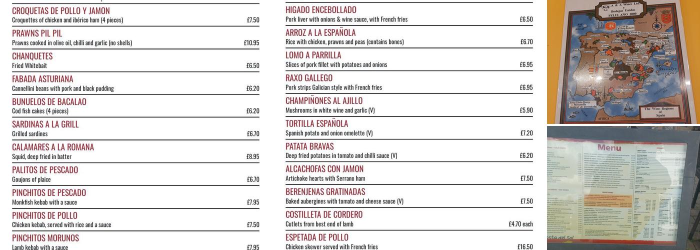Costa del Sol Tapas Bar & Restaurant Menu