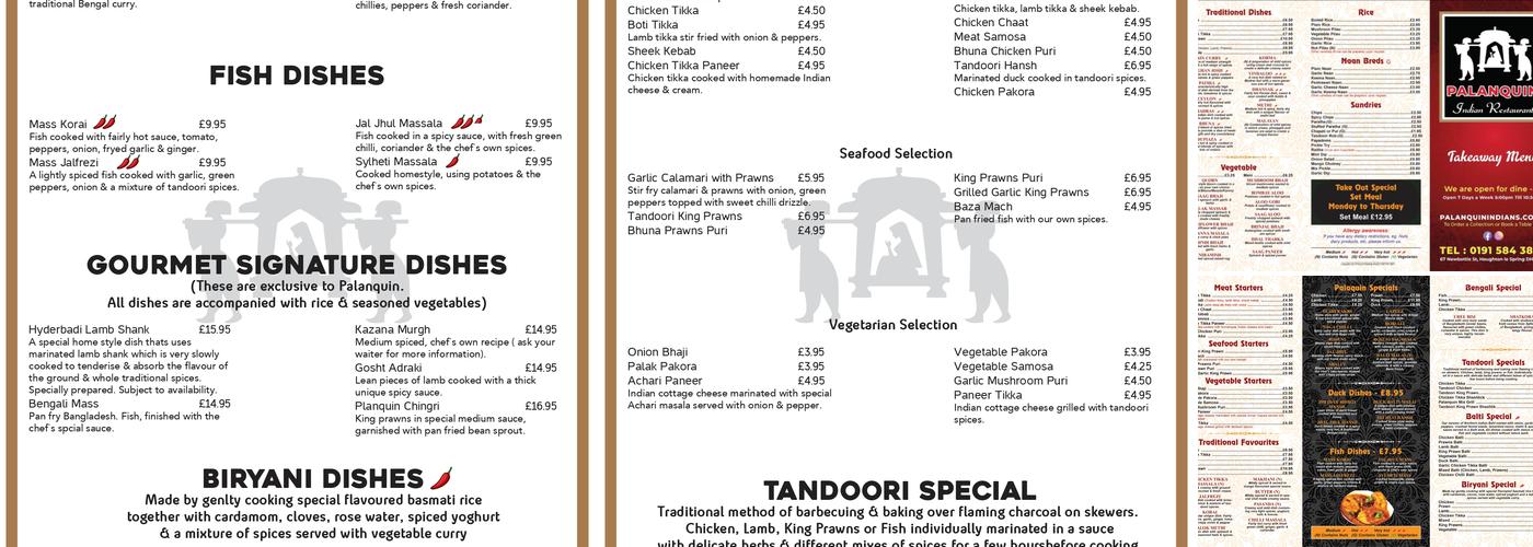 Palanquin Indians Restaurant Menu