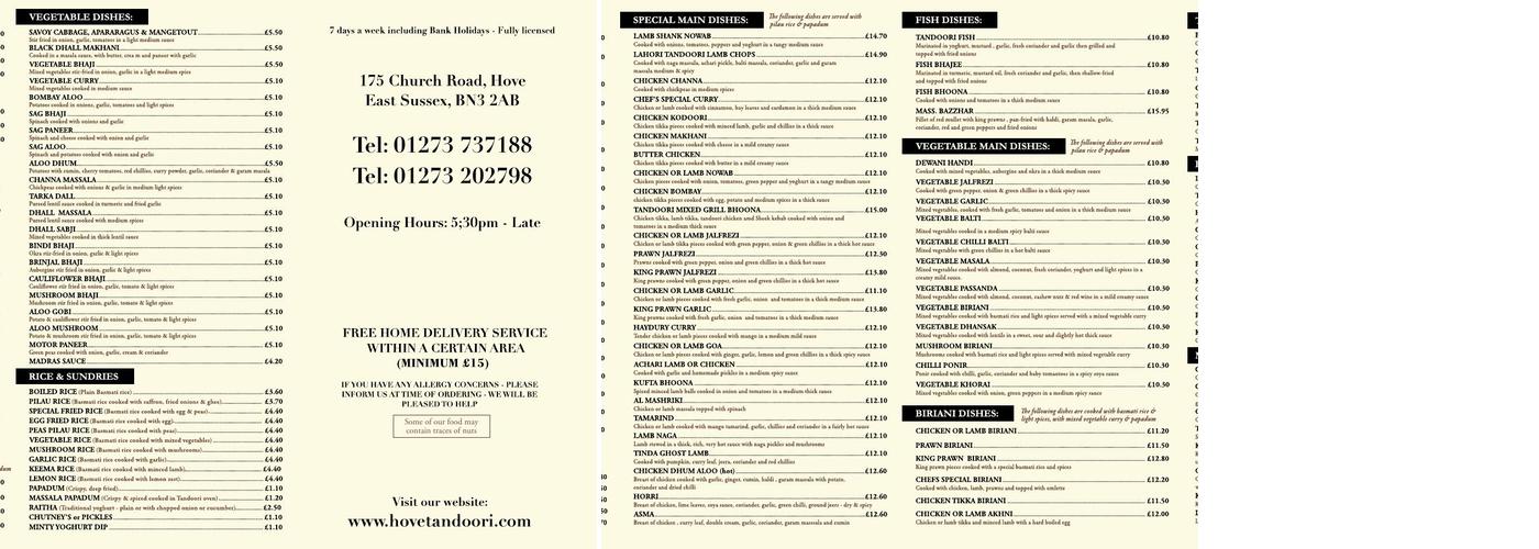 Hove Tandoori Menu