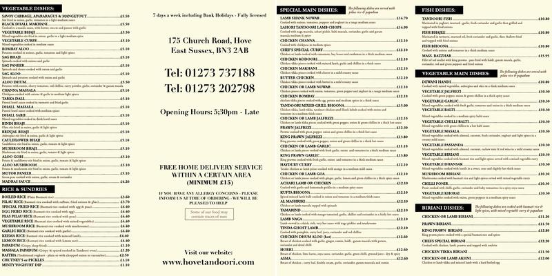 Hove Tandoori Menu