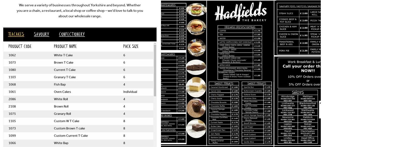 Hadfields' Lindley Menu