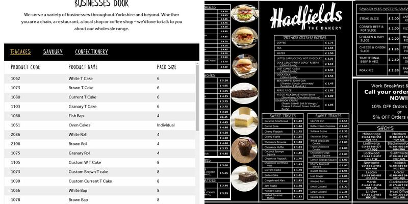 Hadfields' Lindley Menu