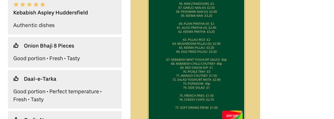 Kebabish Aspley Huddersfield Menu
