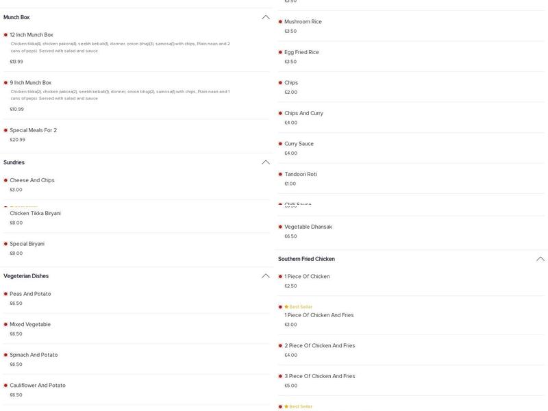 Kirkheaton Spice Menu