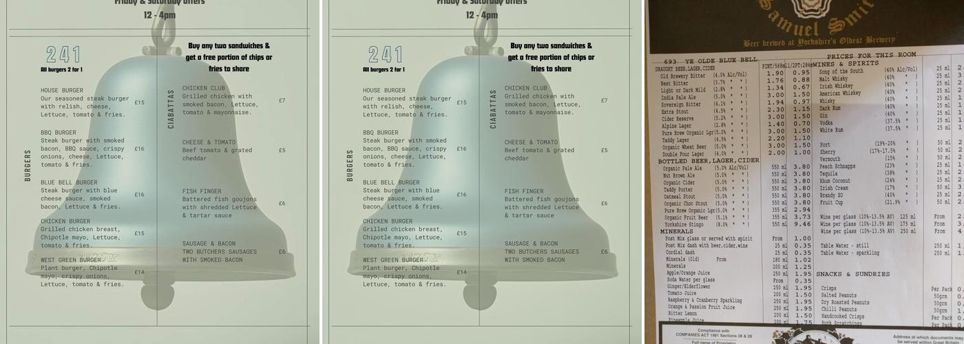 Ye Olde Blue Bell Menu