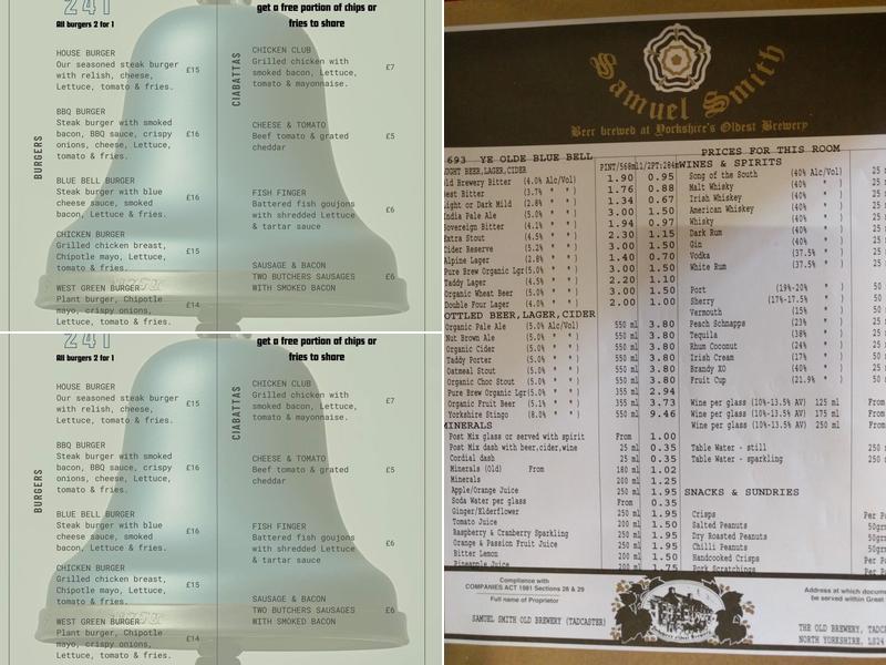 Ye Olde Blue Bell Menu