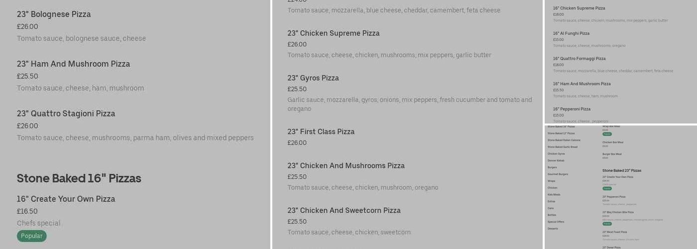 First Class Pizza Menu