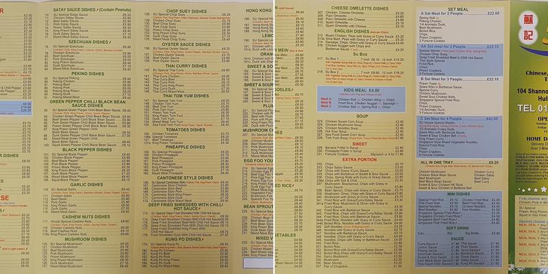 Su Chinese Takeaway Menu