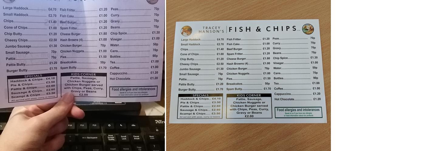 Tracey Hanson's Fish and Chips Menu