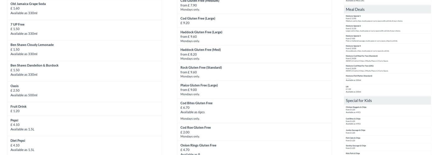 Hodson's Fish & Chips restaurant Menu