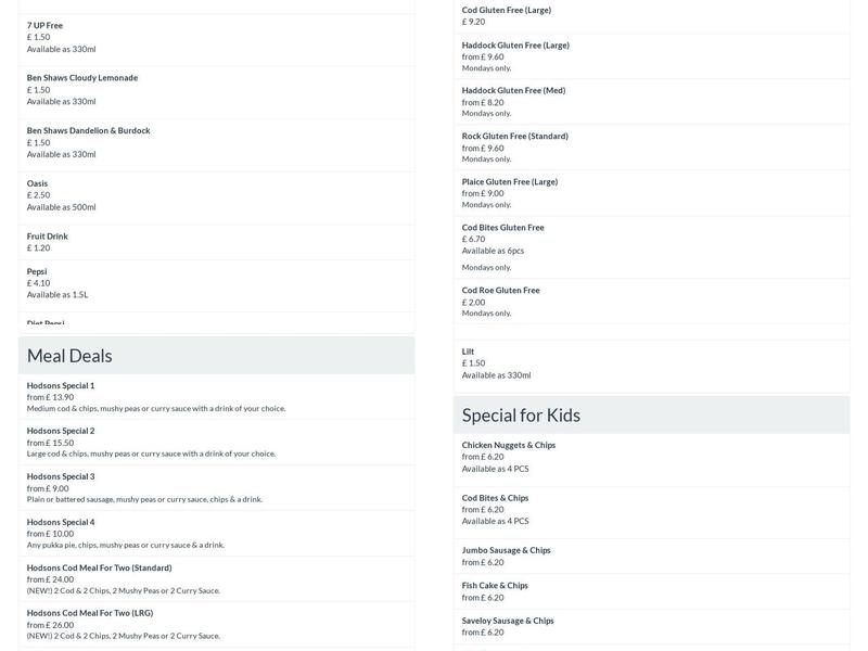 Hodson's Fish & Chips restaurant Menu