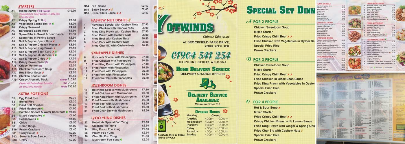 Hotwinds Chinese Takeaway Menu