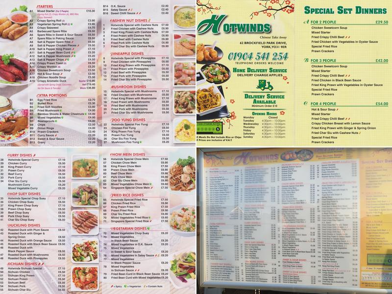 Hotwinds Chinese Takeaway Menu