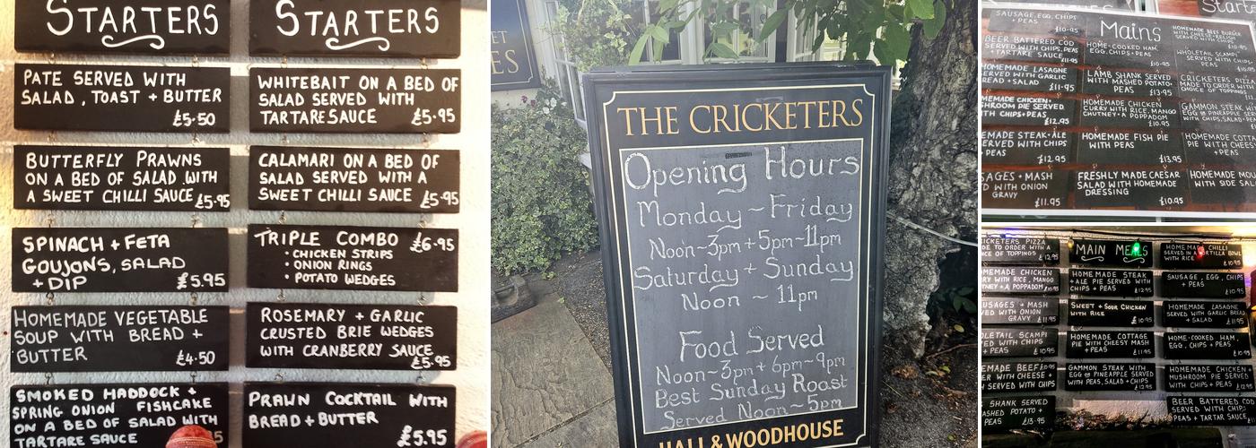 The Cricketers Menu
