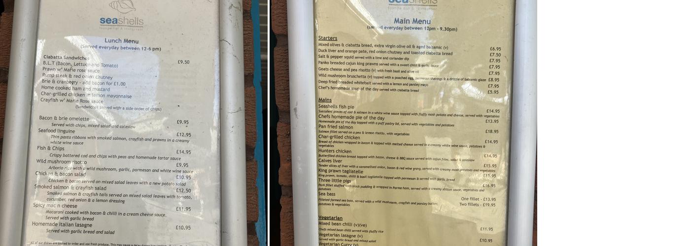 Seashells Lounge Bar & Restaurant Menu