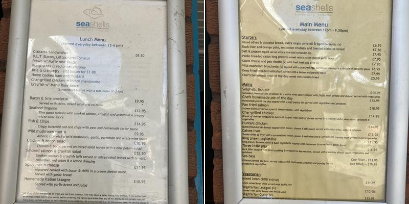 Seashells Lounge Bar & Restaurant Menu