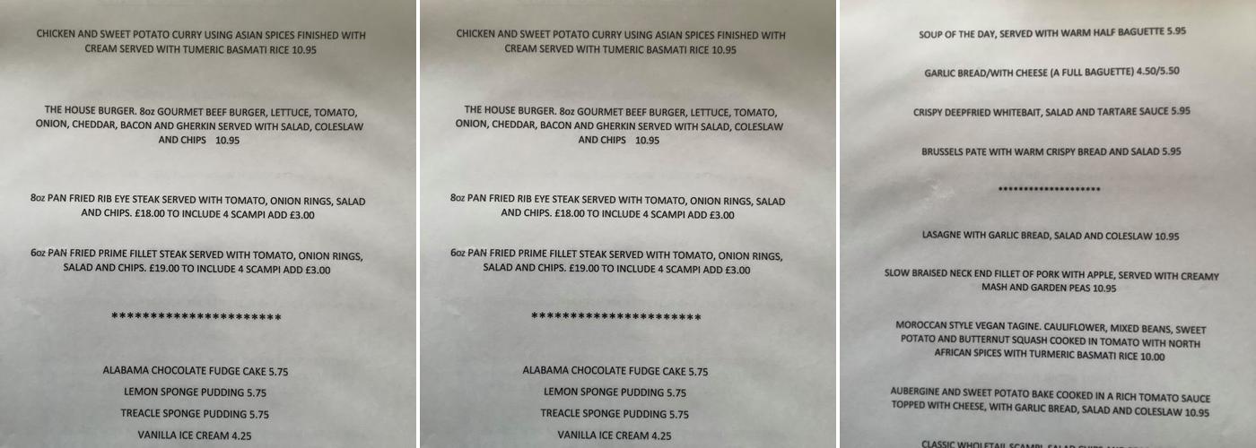 George & Dragon Menu