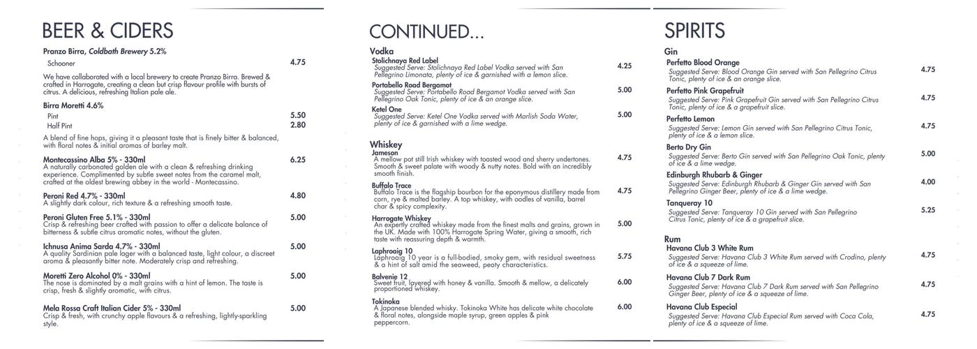 Pranzo Italian Ilkley Menu