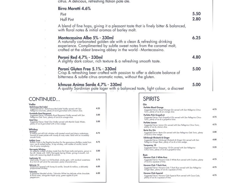 Pranzo Italian Ilkley Menu