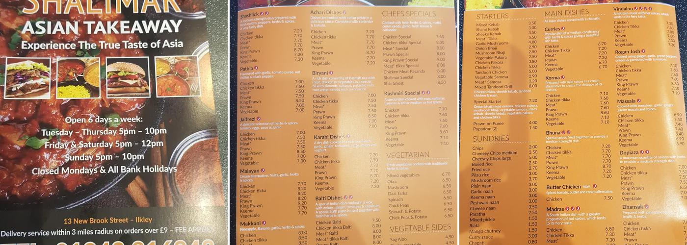 The Shalimar Menu