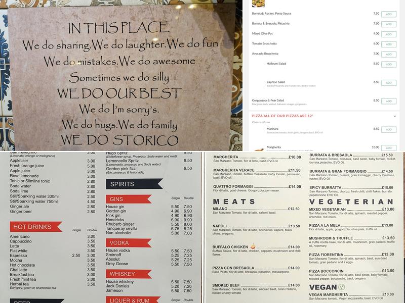 Storico (wood fired pizza & fresh pasta) Menu