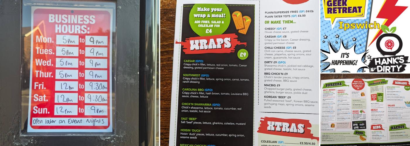 Hank's Dirty Ipswich Menu