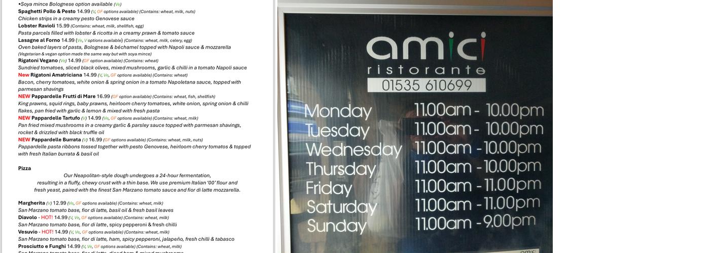 Amici Ristorante, Keighley Menu