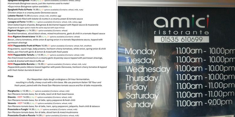 Amici Ristorante, Keighley Menu