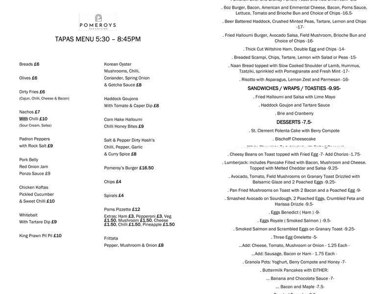 Pomeroys Bistro & Bar Menu