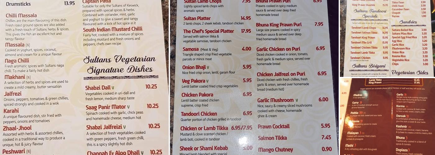 Sultan of Keswick Menu