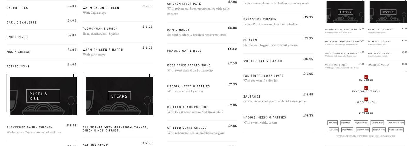 The Wheatsheaf Inn Menu