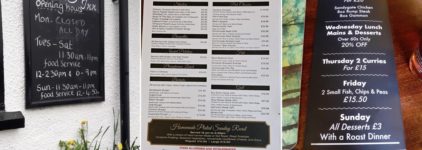 The Sandygate Inn Menu
