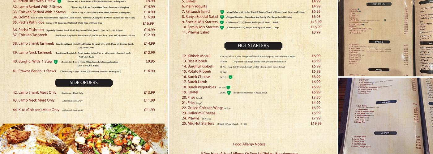 Ranya Restaurant Menu