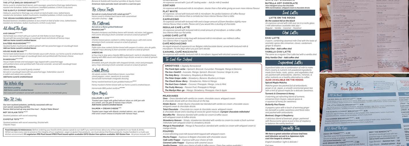 Pig + Pickle Menu