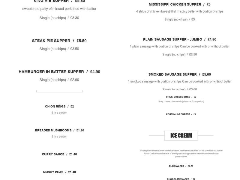Valente's Fish & Chip Bar Menu