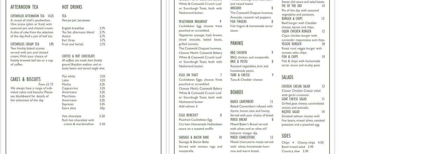 The Cotswold Outpost Menu