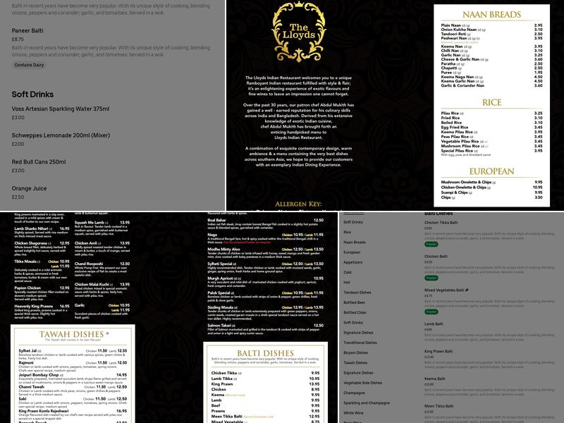 The lloyds Indian Restaurant Menu