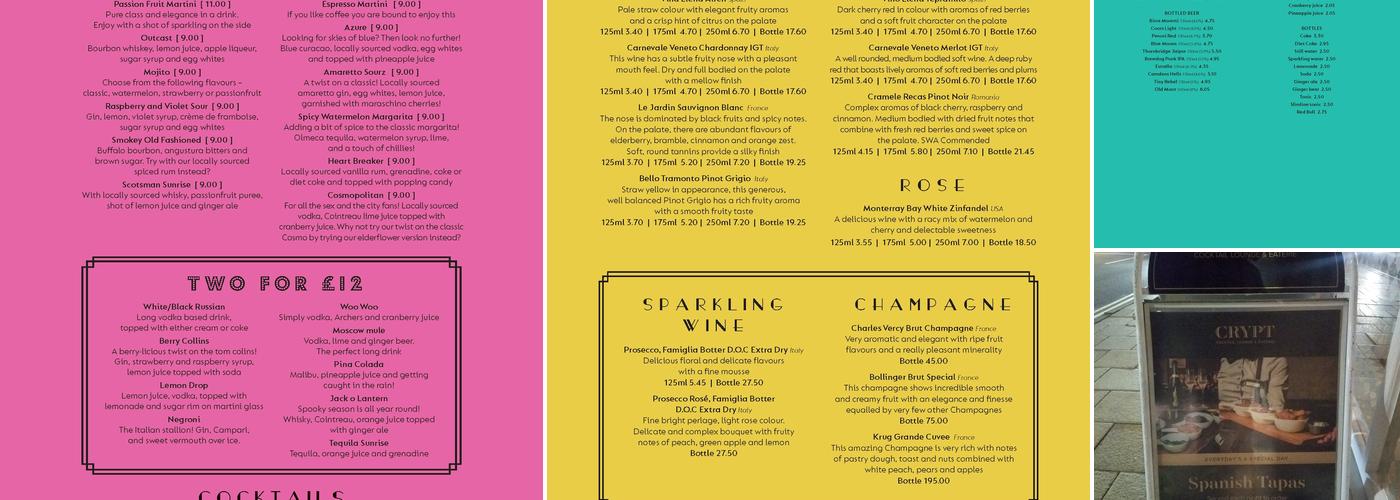 The Crypt Lancaster, Cocktail Lounge and Eaterie Menu