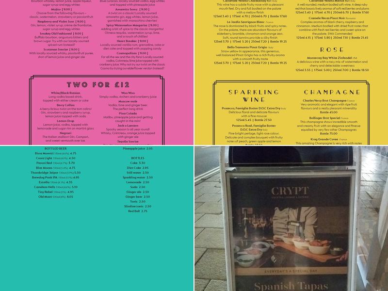 The Crypt Lancaster, Cocktail Lounge and Eaterie Menu