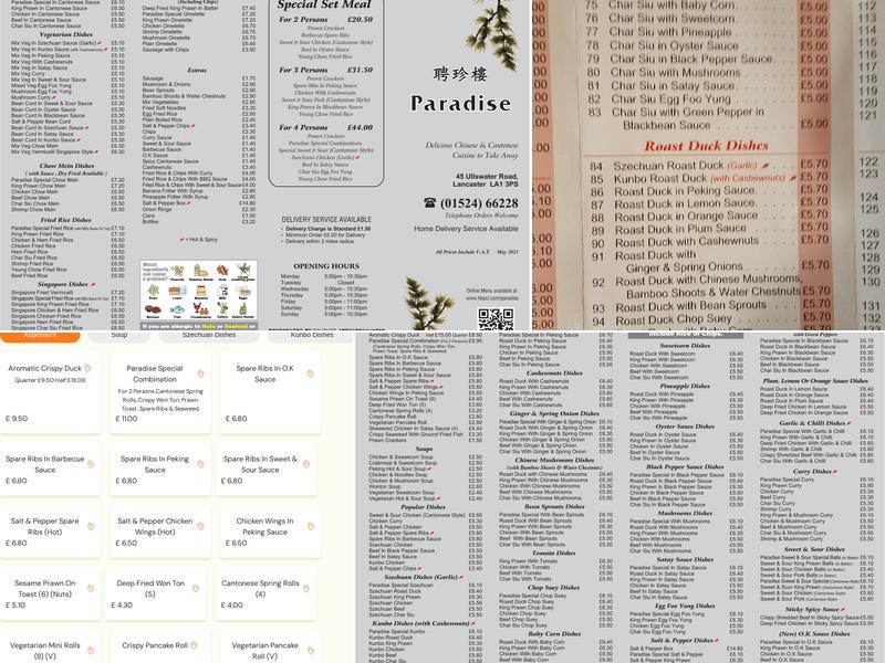 Paradise Takeaway Menu