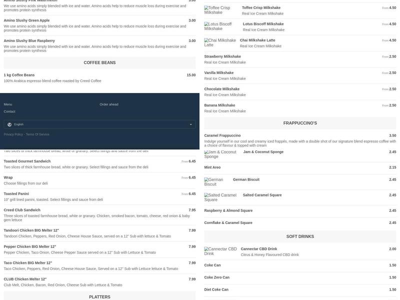 Creed Coffee Larne Menu