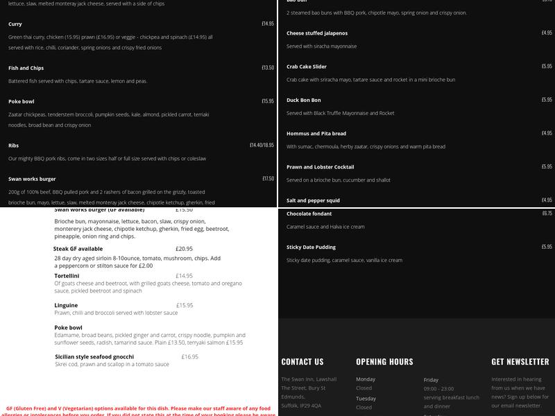 Lawshall Swan Inn Menu