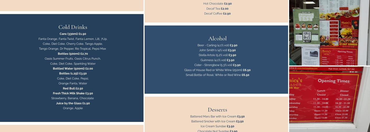 Monica's Plaice Fish Bar. Lechlade Menu